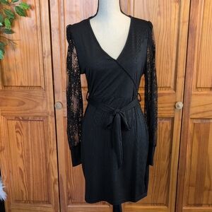 SHEIN Black Lace Long Sleeve Wrap V Neck Fitted Dress XL CC150